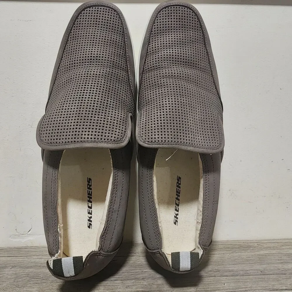 Skechers SN 62240 GRY Leather Upper Balance Slip-On Gray Men's Shoes Size 12
